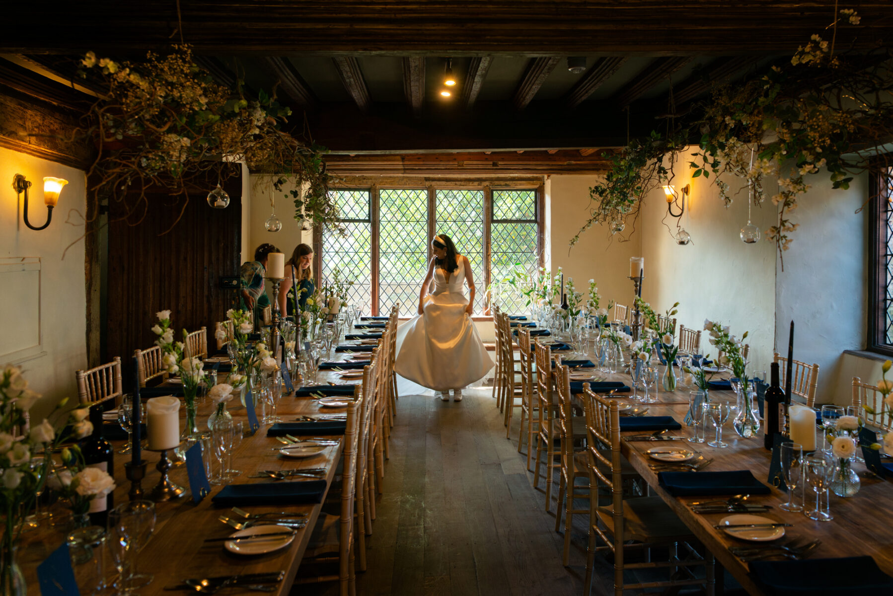 Bride in dining room before wedding by Pilgrim's Rest wedding photographer, James Robertshaw
