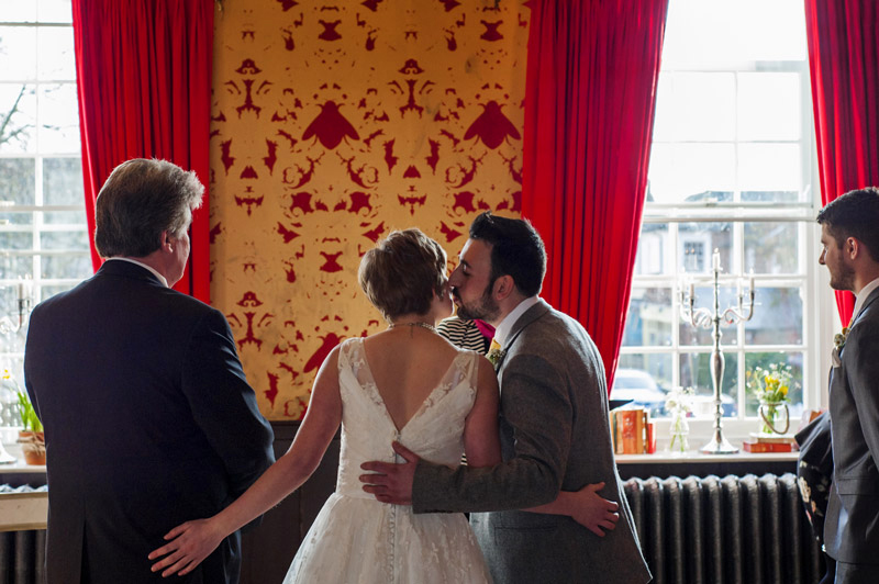 Groom greeting bride at the Bell Ticehurst wedding by Sussex Wedding photographer James Robertshaw