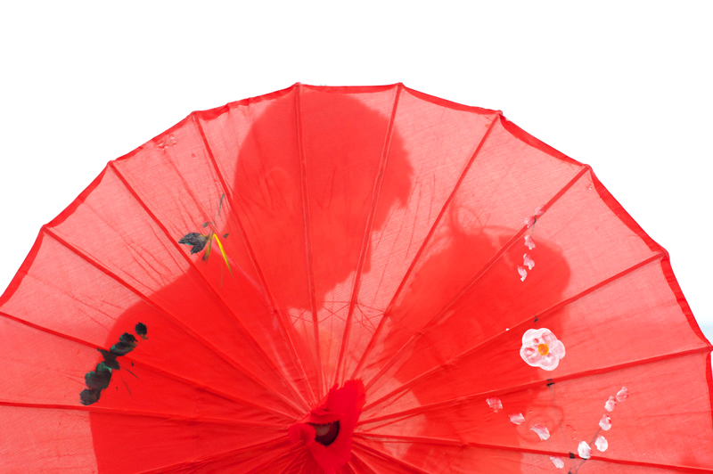 Couple behind Chinese umbrella