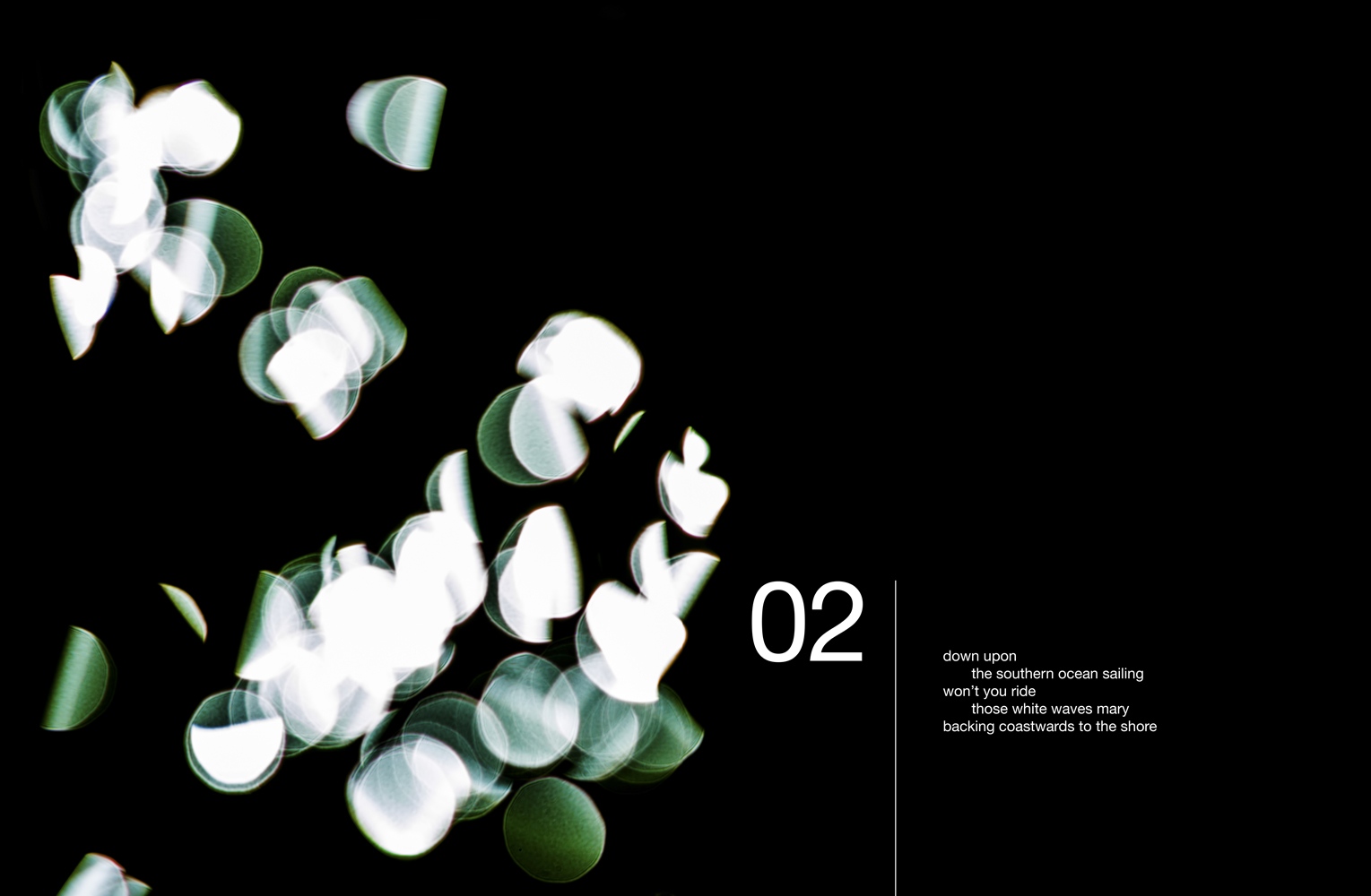 Abstract Seascape with text: 02 down upon the southern ocean sailing won't you ride those white waves mary backing coastwards to the shore