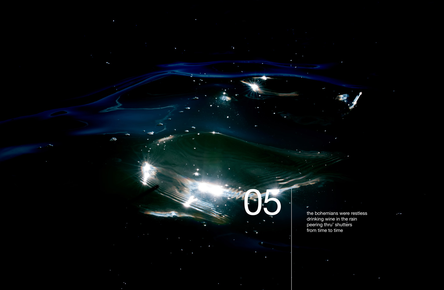 Abstract seascape with text: 05 the bohemians were restless drinking wine in the rain peering thru' shutters from time to time