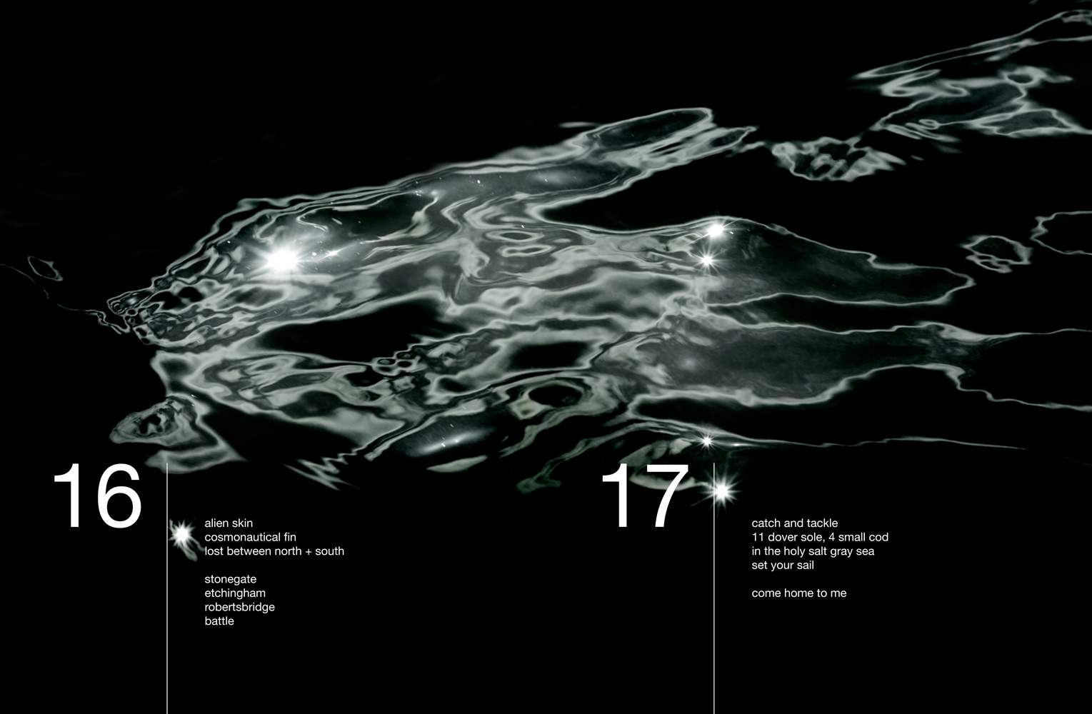 Abstract seascape with text: 16 Alien skin cosmonautical fin lost between north + south stonegate etchingham robertsbridge battle 17 catch and tackle 11 dover sole, 4 small cod in the holy salt grey sea set your sail come home to me