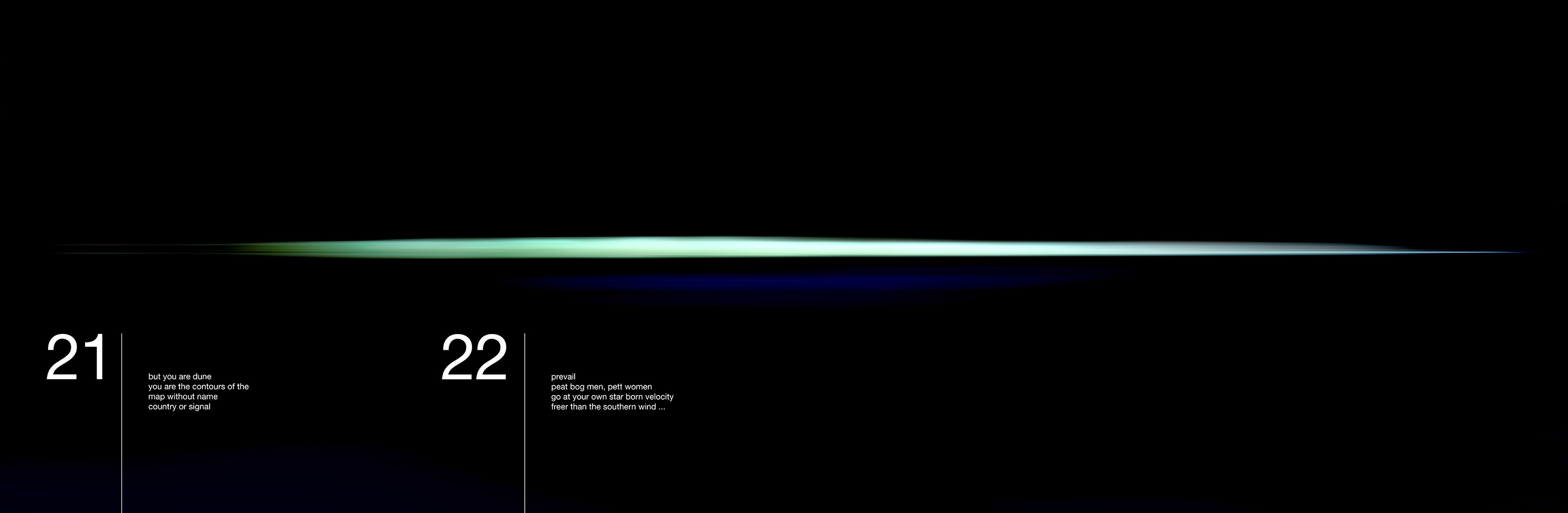 Abstract seascape with text: 21 but you are dune you are the contours of the map without name country or signal 22 prevail peat bog men pert women go at your own star born velocity freer than the southern wind...